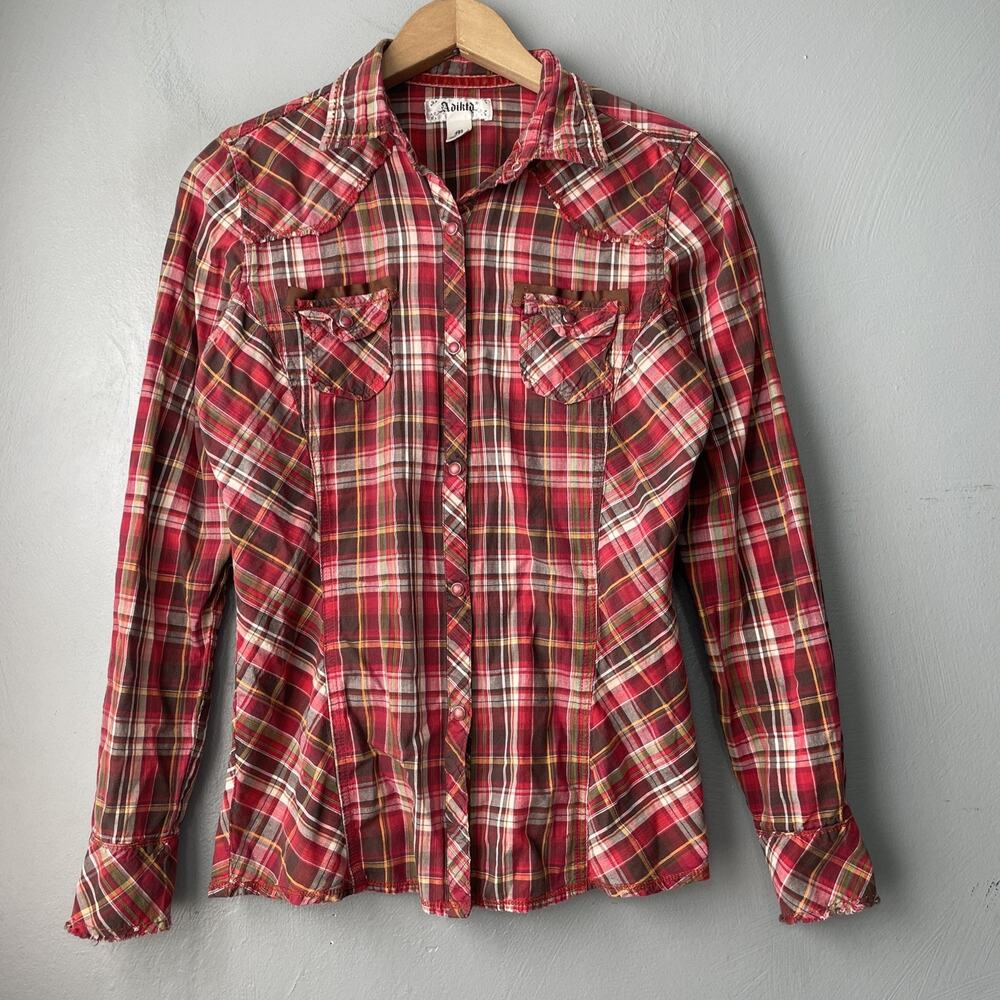 Adiktd Western Shirt Juniors Size Medium Red Plaid Pearl Snap Country Y2K Rodeo